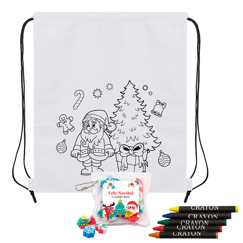 Mochila infantil de natal para colorir com giz de cera e borracha com adesivo de natal para detalhes